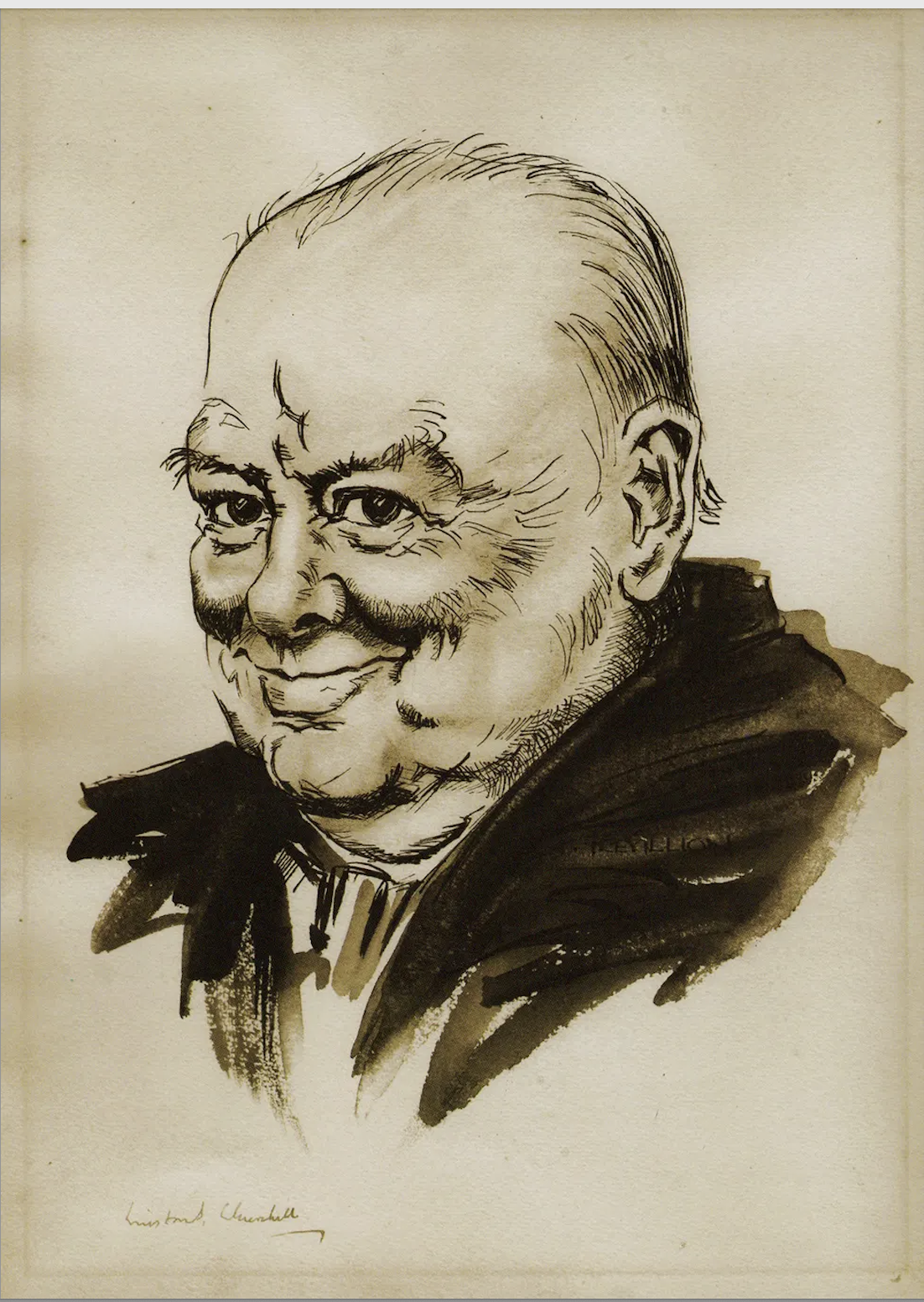 Pen and ink drawing of Sir Winston Churchill by Paul Trevillion.